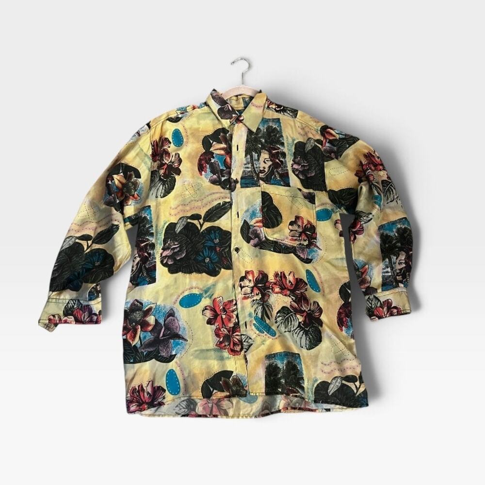 Vintage Style Artsy Tropical Art Silk Long Sleeve Shirt Size M Yellow Multicolor